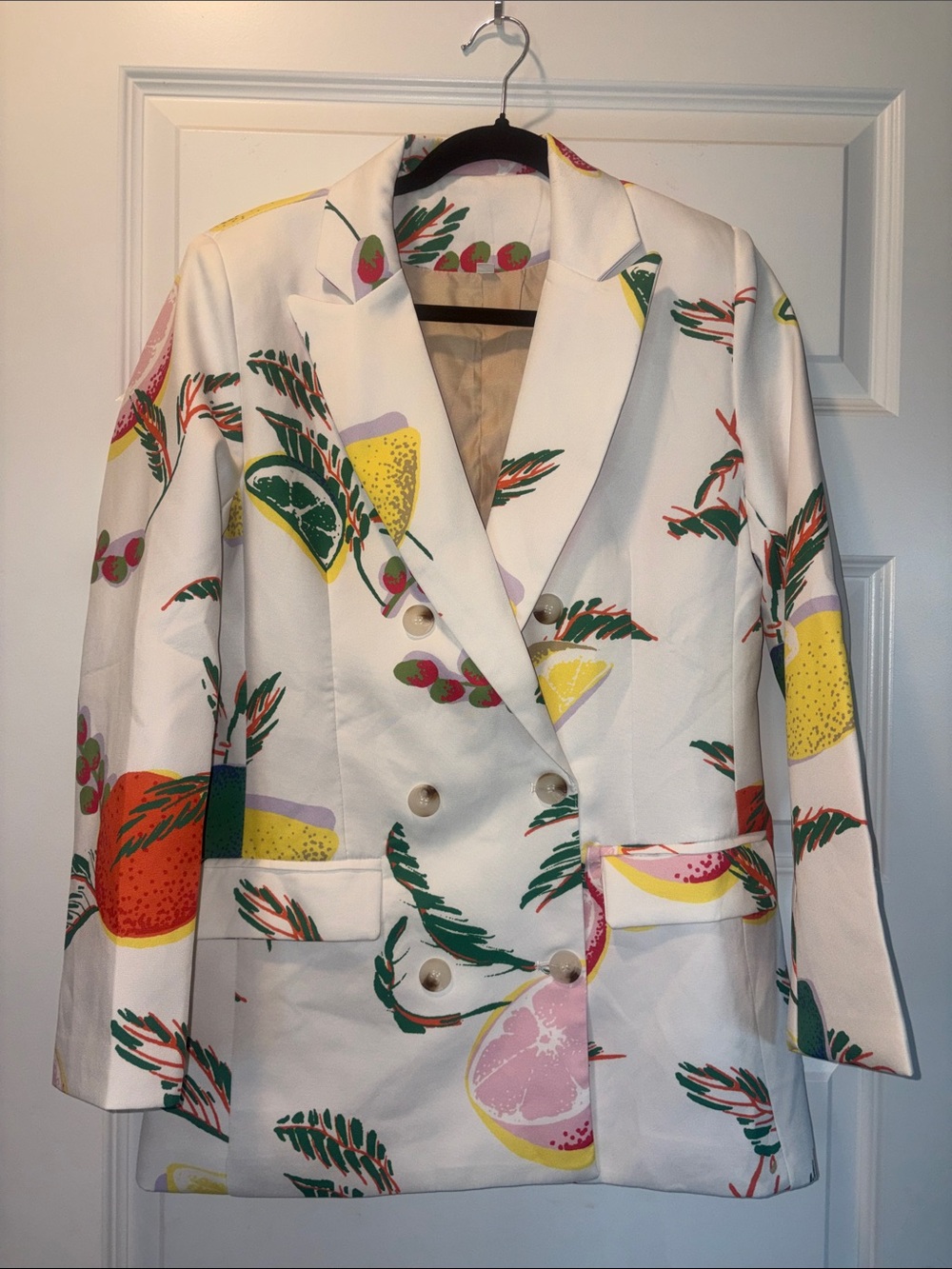 SHEIN White Double-Breasted Fruit Print Blazer